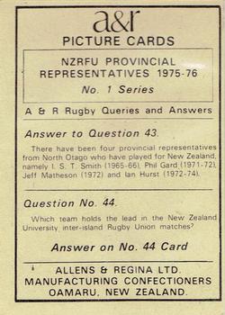 1976 Allens & Regina NZRFU Provincial Union Representatives #43 Frank Oliver Back